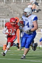 153-kiloinen puolustuksen linjamies Joonas Kolkka teki TAFT:n ensimmäisen touchdownin 15-jaardisesta syötönkatkon palautuksesta.
Kuva: FSC Media